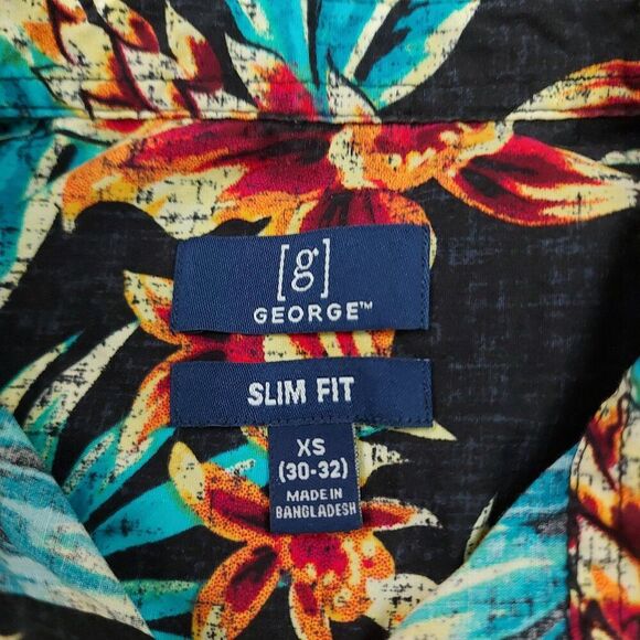 George Button Up Slim Fit Shirt Youth XS Black Green Tropical Print Short Sleeve - Picture 7 of 8
